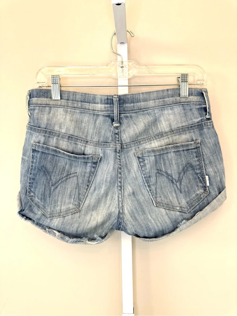 MOTHER SNS Frayed Denim Shorts Light Wash Rolled Cuff Low Rise Size 25